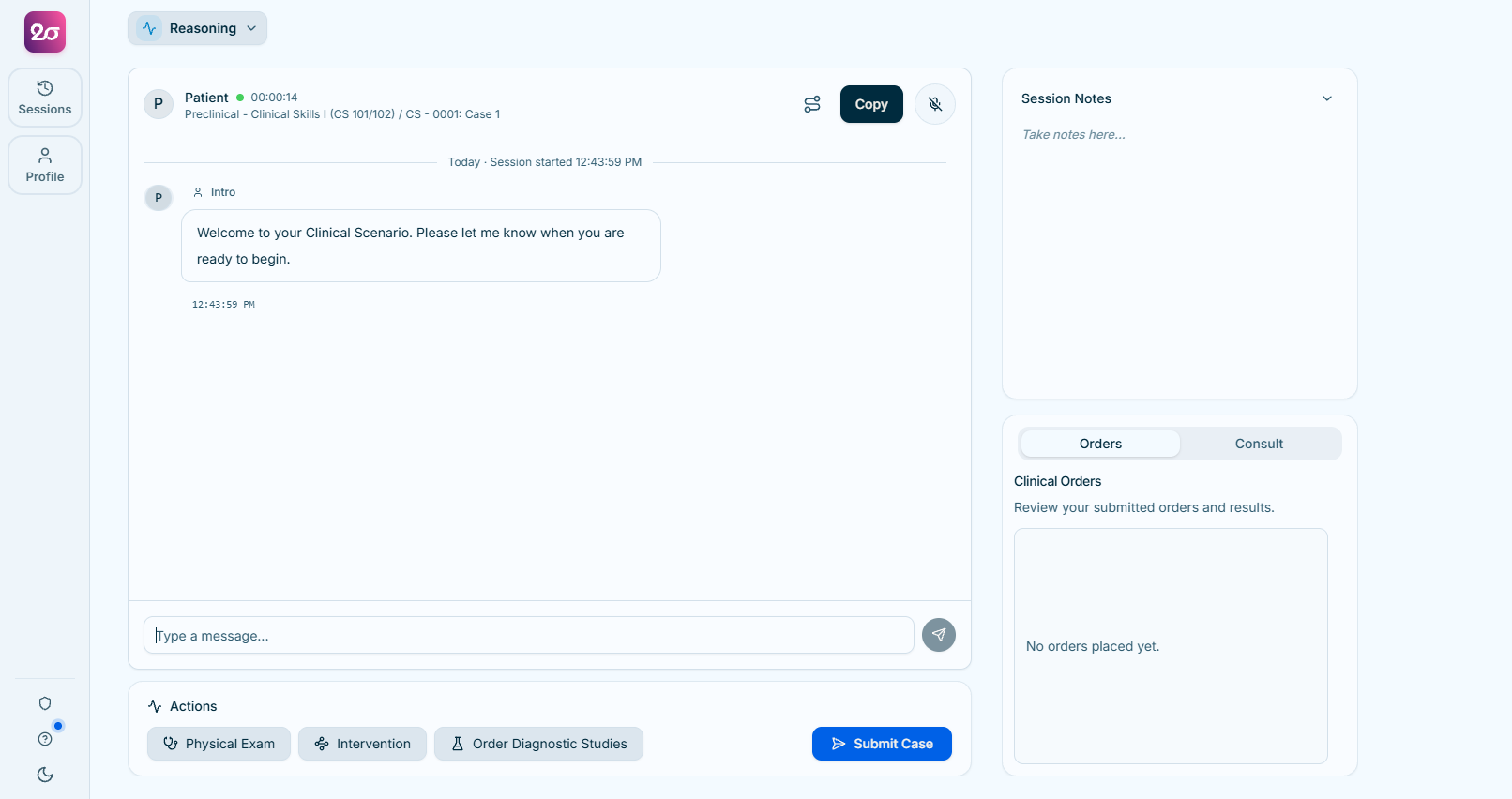 2-Sigma Reasoning clinical scenario simulator interface